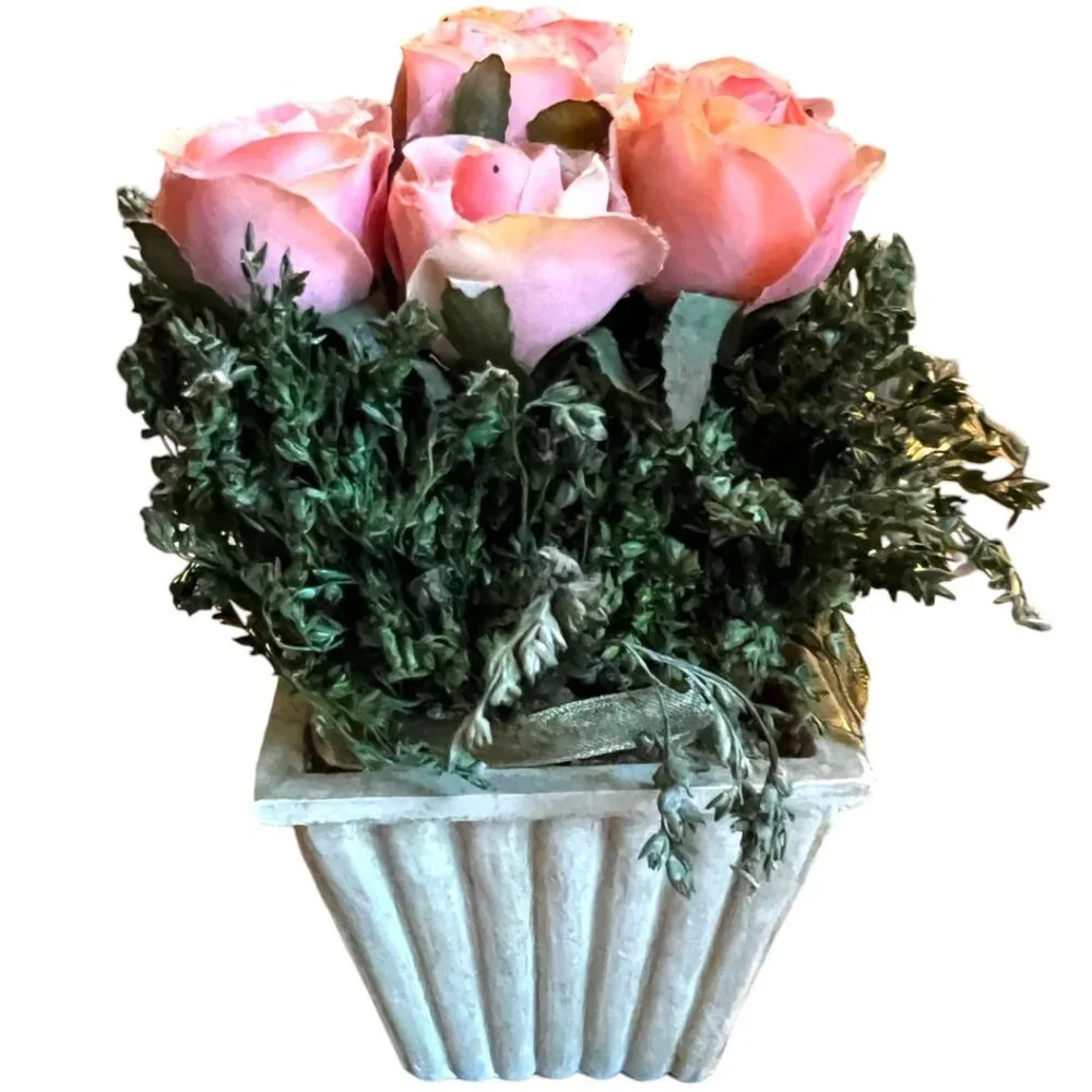 Silk Pink Tea Rose Plant Resin Planter Gold Wire Ribbon 7